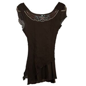 Y2K Brown Silk Beaded Layered Blouse Size M